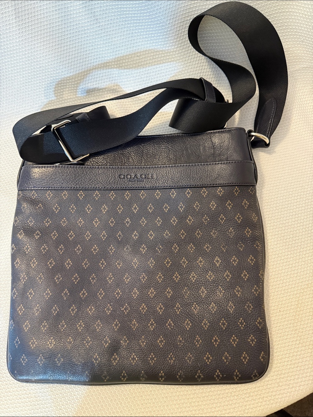 COACH Navy and Gold Monogram Messenger Bag